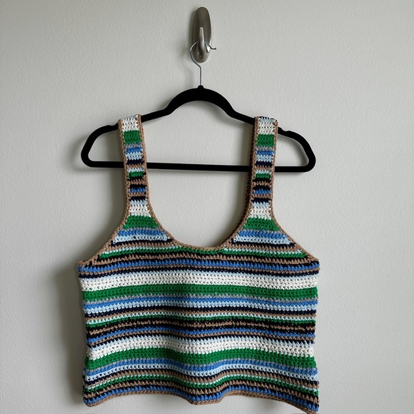 Frame Hand Crochet‎ Tank Womens Large Green Blue White Brown Striped Knit Top - Picture 1 of 7